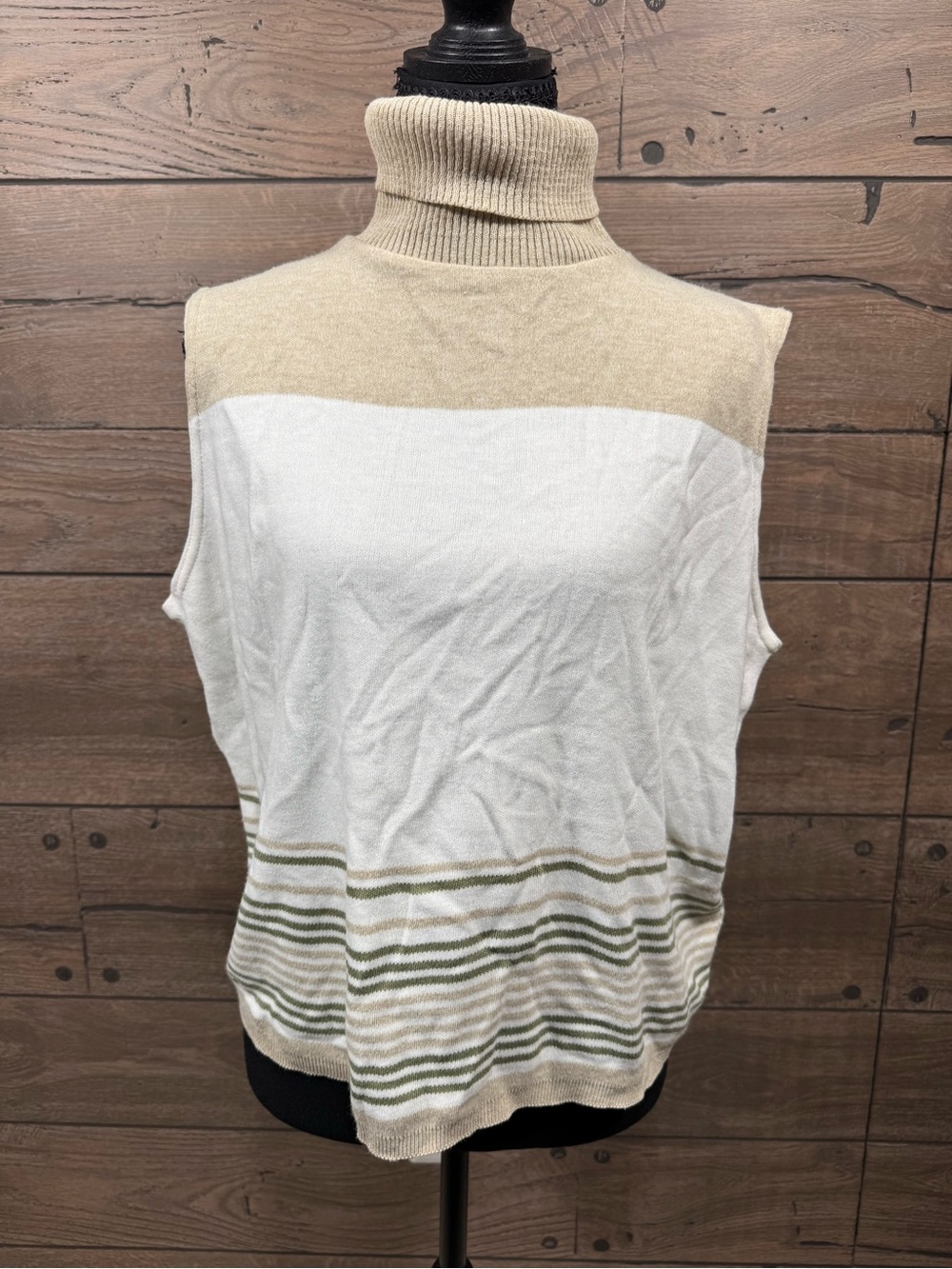 kathy ireland Sleeveless Turtleneck Knit Top in Cream, White & Olive Stripe